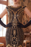 Dark Green Round Neck Beaded Sequins Cap Sleeves 1920s Dress with Fringes