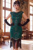 Dark Green Round Neck Beaded Sequins Cap Sleeves 1920s Dress with Fringes