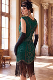 Dark Green Round Neck Beaded Sequins Cap Sleeves 1920s Dress with Fringes