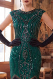 Dark Green Round Neck Beaded Sequins Cap Sleeves 1920s Dress with Fringes