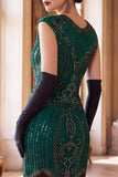 Dark Green Round Neck Beaded Sequins Cap Sleeves 1920s Dress with Fringes