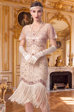 Apricot Sheath V-Neck Sequins Short Sleeves 1920s Dress with Fringes