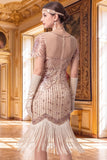 Apricot Sheath V-Neck Sequins Short Sleeves 1920s Dress with Fringes