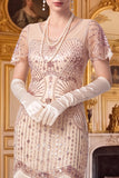 Apricot Sheath V-Neck Sequins Short Sleeves 1920s Dress with Fringes