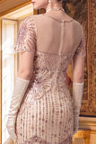 Apricot Sheath V-Neck Sequins Short Sleeves 1920s Dress with Fringes