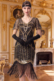 Apricot Sheath V-Neck Sequins Short Sleeves 1920s Dress with Fringes
