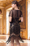 Apricot Sheath V-Neck Sequins Short Sleeves 1920s Dress with Fringes