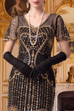 Apricot Sheath V-Neck Sequins Short Sleeves 1920s Dress with Fringes