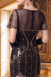 Apricot Sheath V-Neck Sequins Short Sleeves 1920s Dress with Fringes