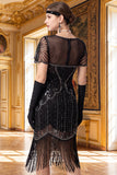Apricot Sheath V-Neck Sequins Short Sleeves 1920s Dress with Fringes