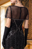 Apricot Sheath V-Neck Sequins Short Sleeves 1920s Dress with Fringes
