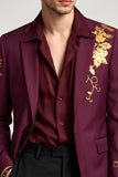 Notch Lapel Burgundy Single Breasted Floral Men's Prom Blazer