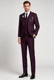 Single Breasted 3 Piece Peak Lapel Claret Men's Prom Suits