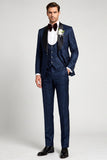Jacquard 3 Piece Navy Satin Shawl Lapel Single Breasted Men's Prom Suits