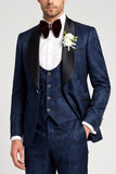 Jacquard 3 Piece Navy Satin Shawl Lapel Single Breasted Men's Prom Suits