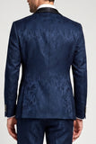 Jacquard 3 Piece Navy Satin Shawl Lapel Single Breasted Men's Prom Suits