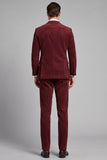 Single Breasted Burgundy Corduroy Peak Lapel 3 Piece Men's Prom Suits