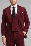 Single Breasted Burgundy Corduroy Peak Lapel 3 Piece Men's Prom Suits