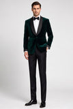 Dark Green Velvet Shawl Lapel Satin Single Breasted 2 Piece Men's Prom Suits