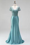 Peacock Mermaid Embroidery Satin V-Neck Beaded Long Prom Dress with Short Sleeves