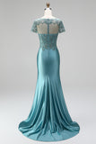 Peacock Mermaid Embroidery Satin V-Neck Beaded Long Prom Dress with Short Sleeves