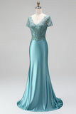 Peacock Mermaid Embroidery Satin V-Neck Beaded Long Prom Dress with Short Sleeves