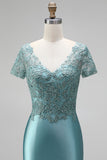 Peacock Mermaid Embroidery Satin V-Neck Beaded Long Prom Dress with Short Sleeves