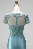 Peacock Mermaid Embroidery Satin V-Neck Beaded Long Prom Dress with Short Sleeves