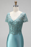Peacock Mermaid Embroidery Satin V-Neck Beaded Long Prom Dress with Short Sleeves