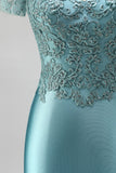 Peacock Mermaid Embroidery Satin V-Neck Beaded Long Prom Dress with Short Sleeves
