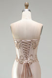 Champagne Mermaid Satin Corset Beaded Strapless Long Prom Dress
