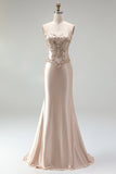 Champagne Mermaid Satin Corset Beaded Strapless Long Prom Dress