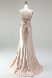 Champagne Mermaid Satin Corset Beaded Strapless Long Prom Dress