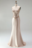 Champagne Mermaid Satin Corset Beaded Strapless Long Prom Dress