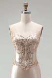Champagne Mermaid Satin Corset Beaded Strapless Long Prom Dress