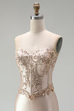 Champagne Mermaid Satin Corset Beaded Strapless Long Prom Dress