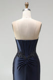 Dark Navy Mermaid Appliques Corset Satin Strapless Long Prom Dress with Beading