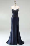 Dark Navy Mermaid Appliques Corset Satin Strapless Long Prom Dress with Beading