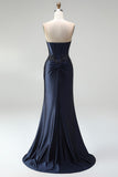 Dark Navy Mermaid Appliques Corset Satin Strapless Long Prom Dress with Beading
