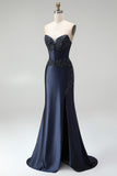 Dark Navy Mermaid Appliques Corset Satin Strapless Long Prom Dress with Beading