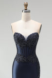 Dark Navy Mermaid Appliques Corset Satin Strapless Long Prom Dress with Beading