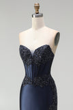 Dark Navy Mermaid Appliques Corset Satin Strapless Long Prom Dress with Beading