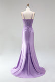Lilac Satin Corset Sheer 3D Floral Appliques Ruched Spaghetti Straps Long Prom Dress