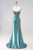 Blue Mint Mermaid Corset Ruched Satin Appliques Spaghetti Straps Long Prom Dress with Beading