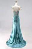 Blue Mint Mermaid Corset Ruched Satin Appliques Spaghetti Straps Long Prom Dress with Beading