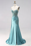 Blue Mint Mermaid Corset Ruched Satin Appliques Spaghetti Straps Long Prom Dress with Beading