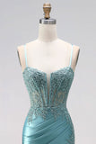 Blue Mint Mermaid Corset Ruched Satin Appliques Spaghetti Straps Long Prom Dress with Beading