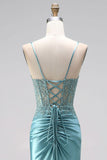 Blue Mint Mermaid Corset Ruched Satin Appliques Spaghetti Straps Long Prom Dress with Beading