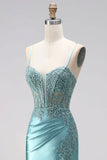 Blue Mint Mermaid Corset Ruched Satin Appliques Spaghetti Straps Long Prom Dress with Beading