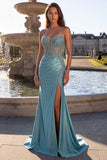 Blue Mint Mermaid Corset Ruched Satin Appliques Spaghetti Straps Long Prom Dress with Beading